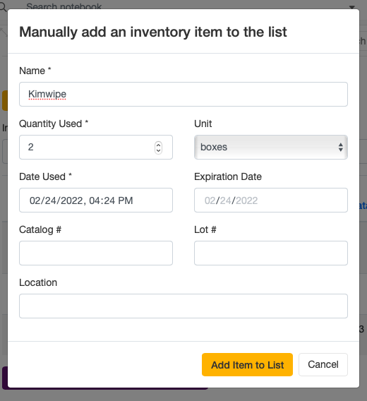 Manual item addition window for Inventory List