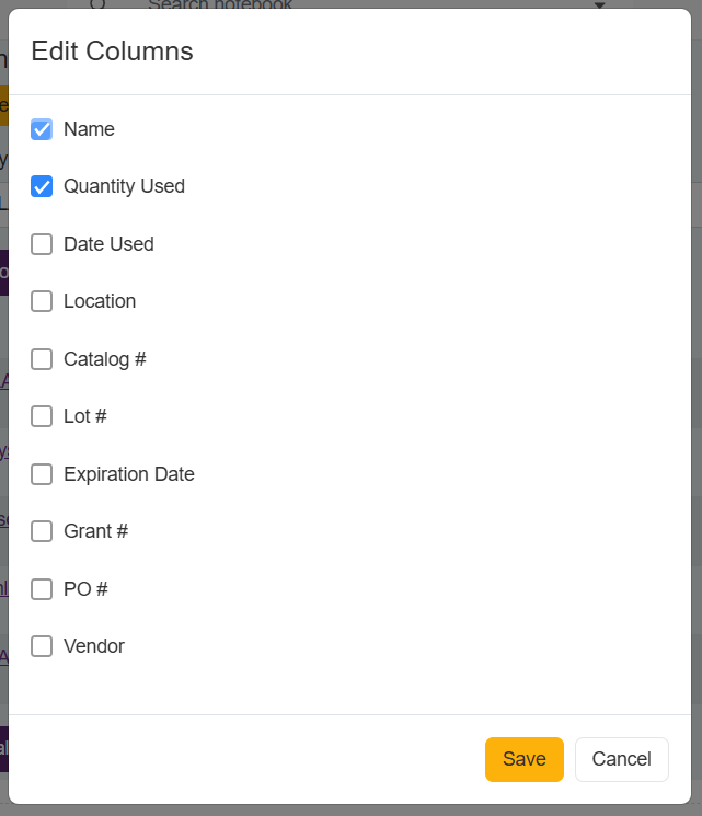 Column customization popup with checkbox options