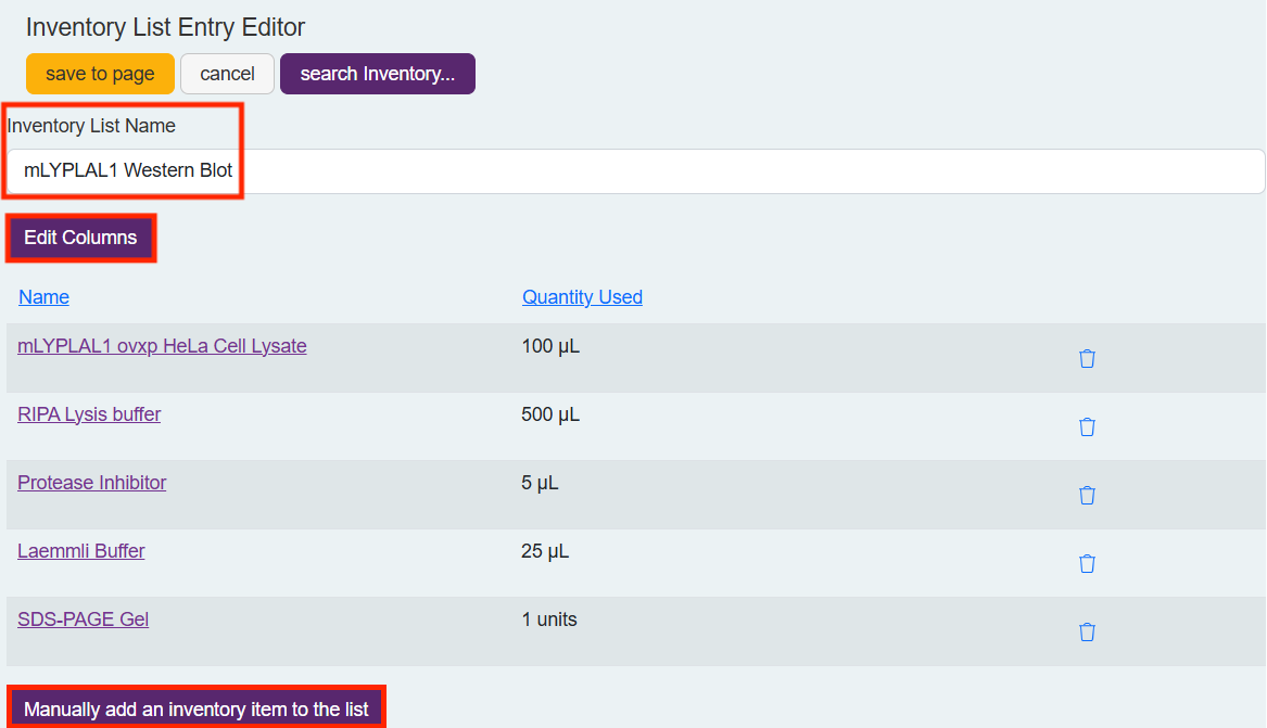 Inventory list entry in notebook editor
